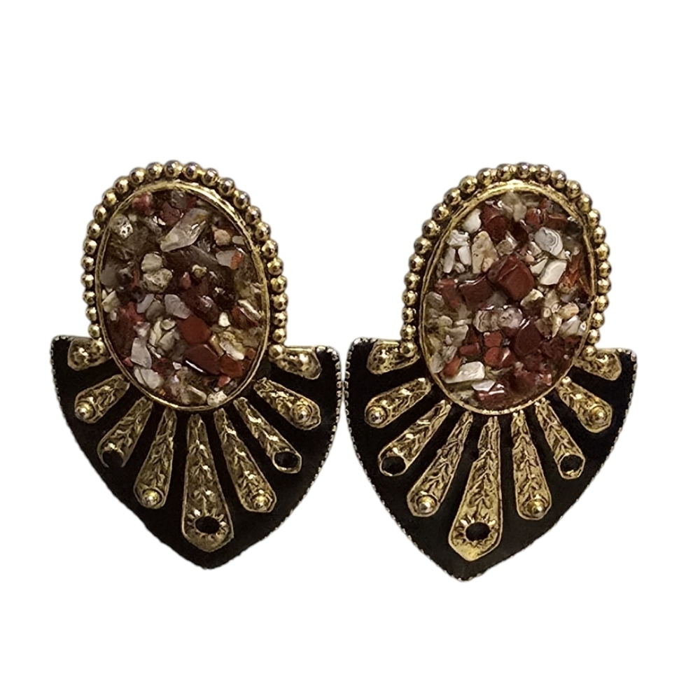Elegant Crushed Stone Black Enamel Earrings Clip-on